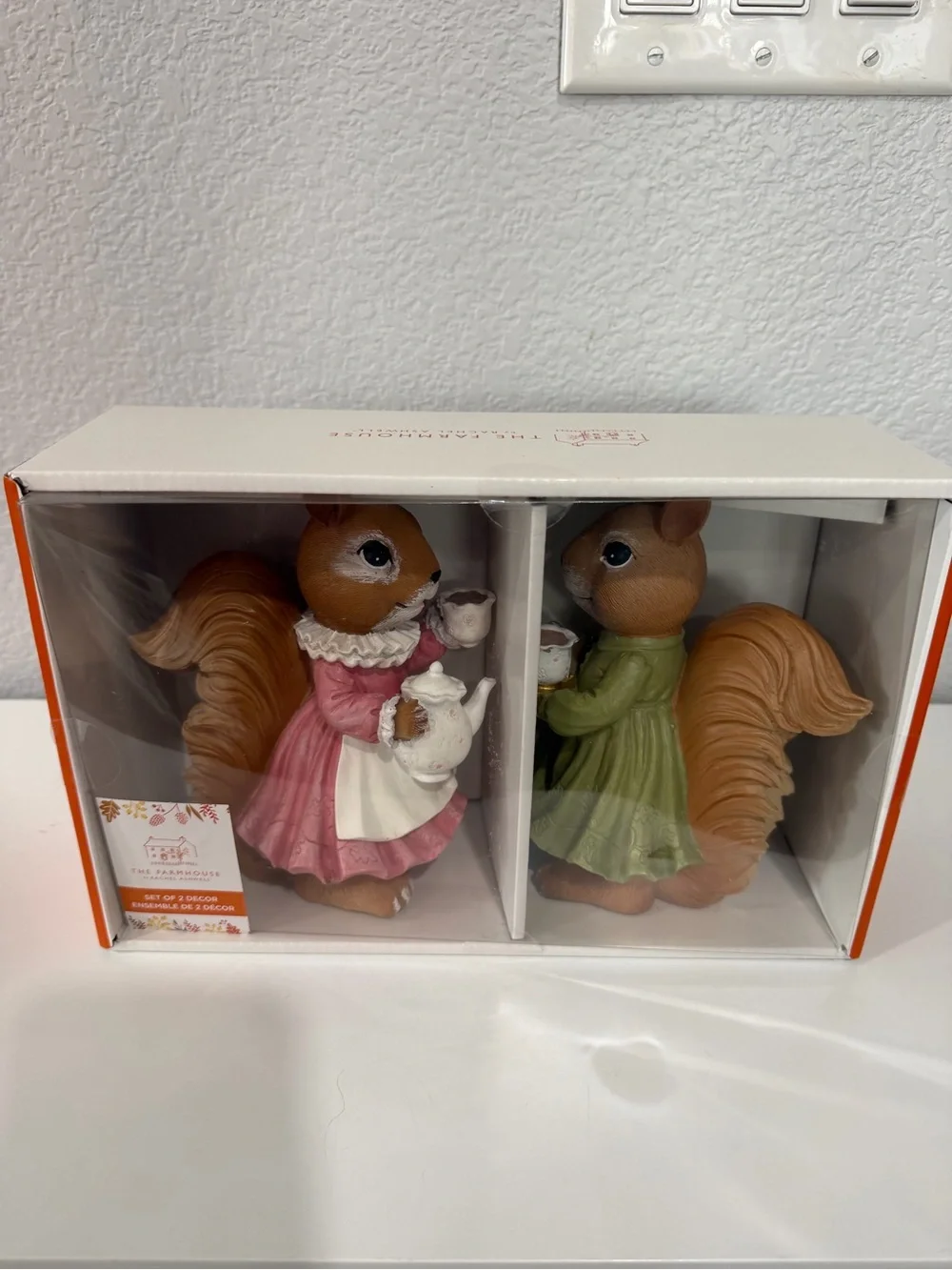 Tea Time Squirrel Figurine Pair for Small Pet Habitats - Pink & Green